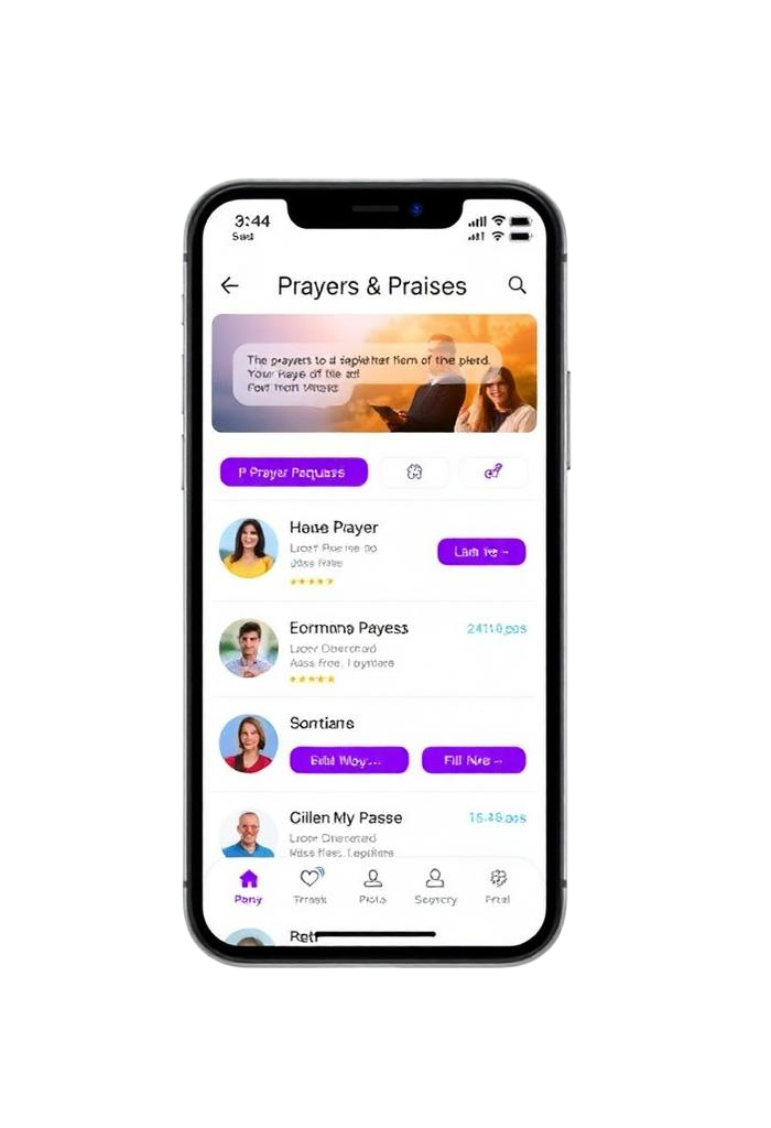 Acts of Love app showing prayer requests, needs, ministries and a parish directory